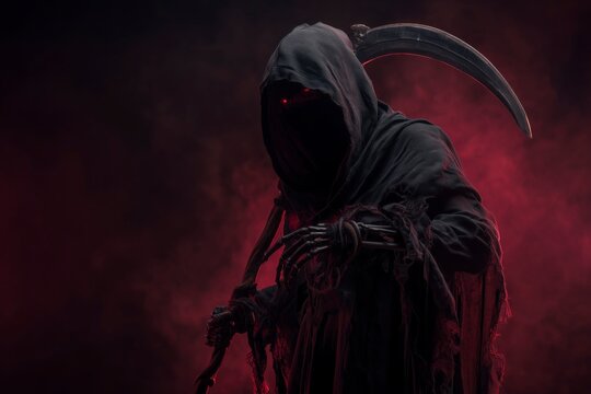 Grim Reaper with Red Eyes and Scythe in Dark Smoke