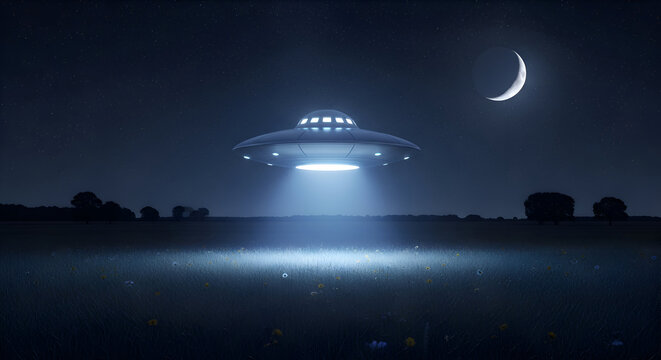 Ufo shining light over a field at night time - Powered by Adobe