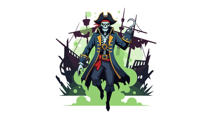 The Spectral Pirate: An illustration of a skeletal pirate in a classic naval uniform against a backdrop of a ghostly ship, ready to set sail for an eerie voyage.