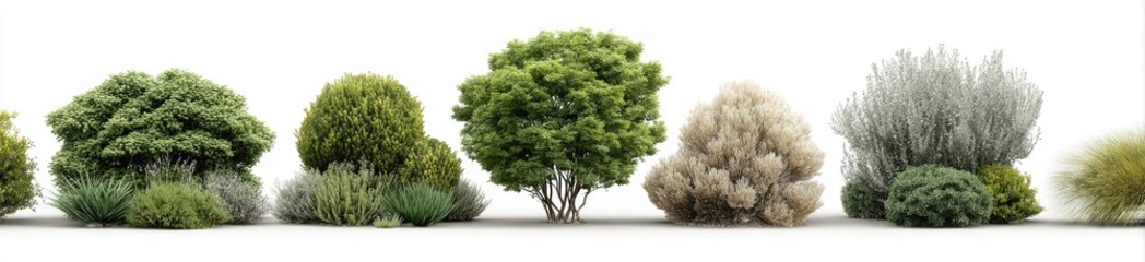 Variety of bushes and small trees against a white background
