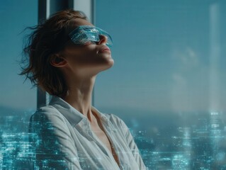 Businesswoman embracing future AR tech, sleek modern office backdrop, vivid digital overlays, panoramic view