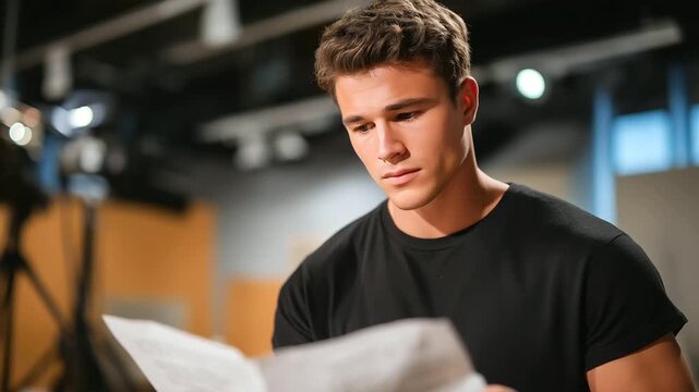 An actor reads for a film role in a casting studio with a script open a camera zooming a director taking notes and a clock ticking shown in a tense photo with paper creases