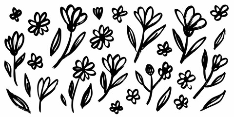 Hand-drawn black ink doodles of simple flowers.