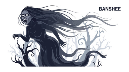  Banshee of the Forest: A spectral banshee glides through a haunting forest, her ethereal form and long, flowing hair adding a chilling sense of the supernatural. 