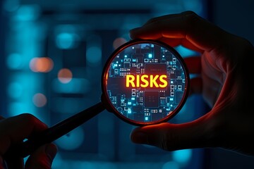 Magnifying glass reveals glowing digital risks within a complex technological network highlighting potential dangers