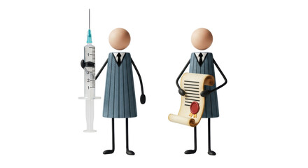 Isolated figures present medical injection and parchment document, symbolic of compliance