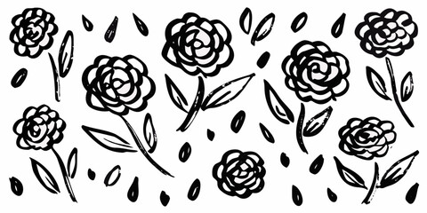 Hand-drawn black ink doodles of simple flowers.