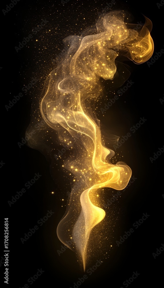Poster golden smokes floating abstractly with dynamic lightning on a pure black backdrop for stunning art