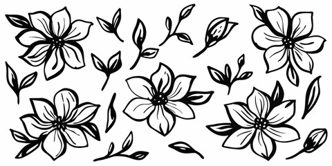 Hand-drawn black ink doodles of simple flowers.
