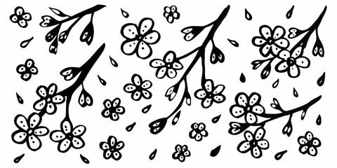 Hand-drawn black ink doodles of simple flowers.