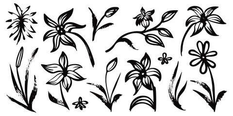 Hand-drawn black ink doodles of simple flowers.