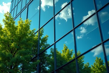 Modern glass skyscraper reflecting lush green trees and a bright blue sky with clouds
