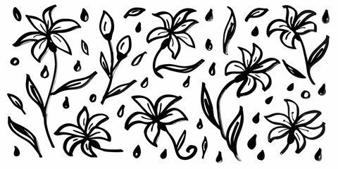 Hand-drawn black ink doodles of simple flowers.