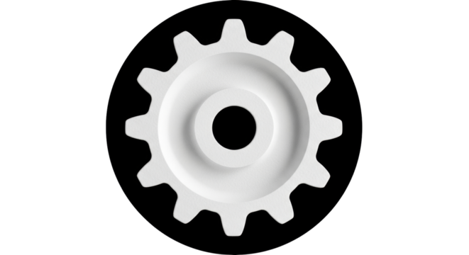 Isolated light gear wheel with black circle, industrial symbol, equipment part, mechanism