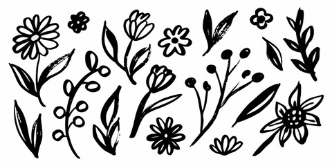 Hand-drawn black ink doodles of simple flowers.
