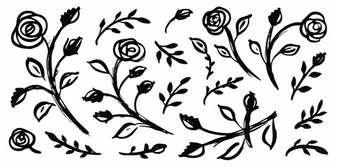 Hand-drawn black ink doodles of simple flowers.
