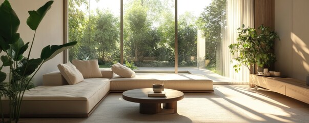 Modern sustainable living room with natural sunlight.