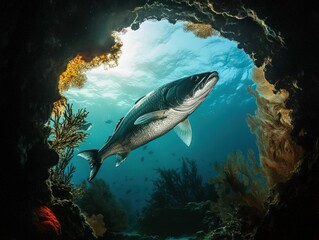 Majestic Tarpon Swimming Through Coral Reef Cave