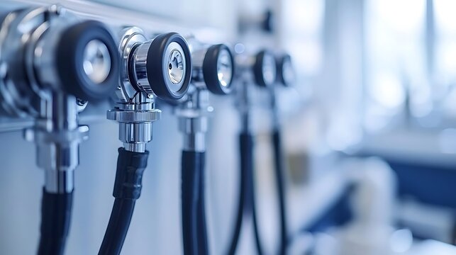 Row of Shiny Medical Stethoscopes Hanging in Bright Clinic with Healthcare Concept.
