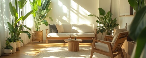 Modern sustainable living room with natural sunlight.