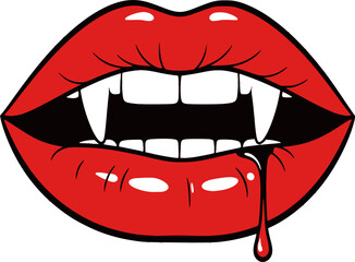 Red Lipstick Lips with Vampire Fangs Vector, Halloween Costume, Horror Party Graphic