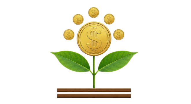 Isolated money plant concept with leaves, stems and coins in gold tones and dollar signs