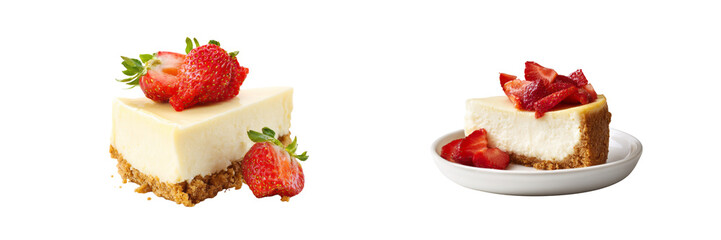 Delicious strawberry cheesecake slice on transparent background food photography bright colors
