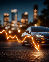 Automotive Industry Decline: A sleek car parked on a city street with a downward-pointing arrow.