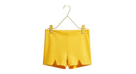 Isolated yellow shorts, simple bright clothing on a hanger, spring and summer attire studio shot