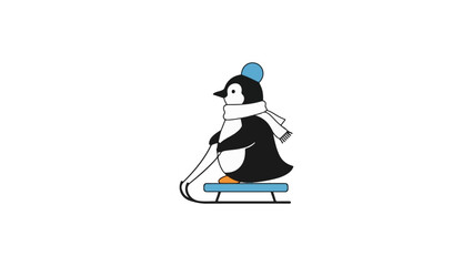 Fototapeta premium Cute cartoon penguin on a sled wearing a hat and scarf