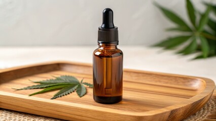 Fototapeta premium Cannabis Product Mockup. Brown glass dropper bottle on a wooden tray with hemp leaves in a serene setting.