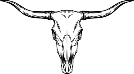 Detailed linework longhorn steer skull western americana rustic animal skull art vector
