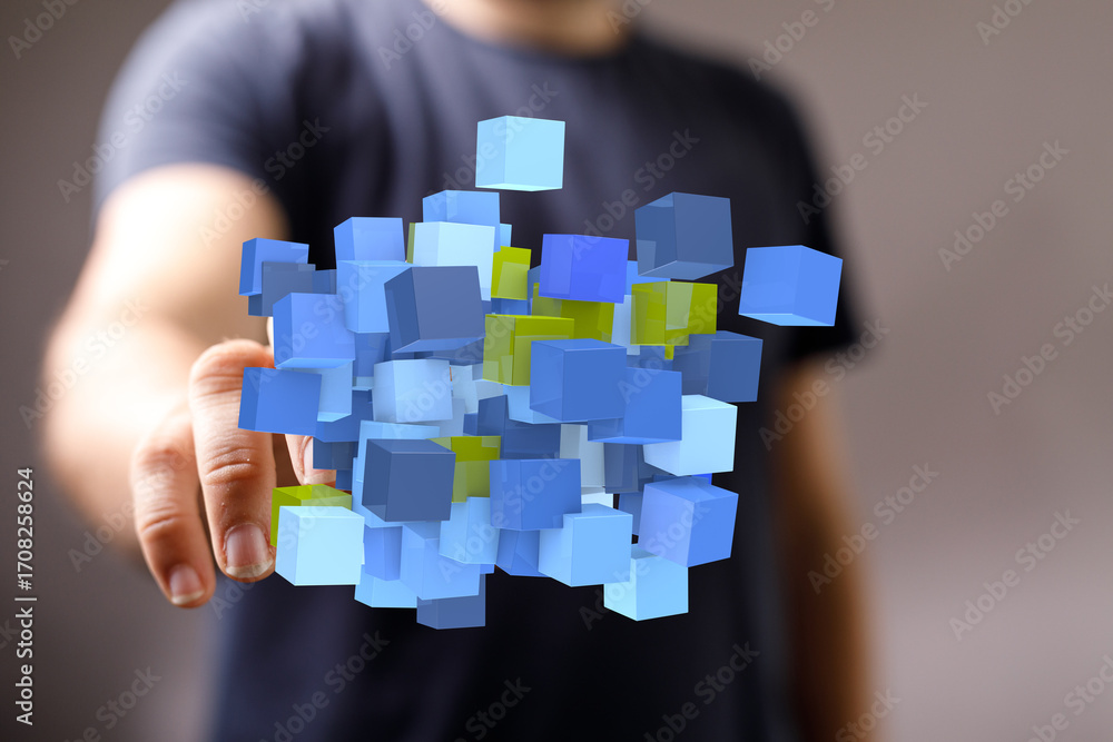 Poster abstract image of a hand interacting with floating digital cubes, representing data, innovation, and