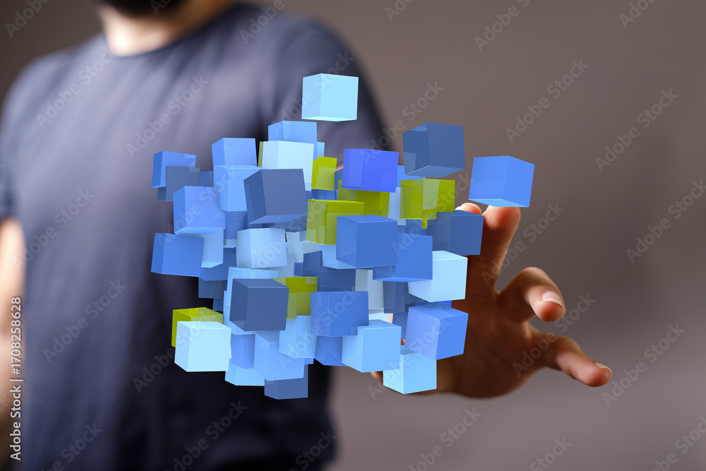 Poster abstract image of a hand interacting with floating digital cubes, representing data, technology, or 