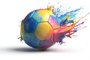 Colorful soccer ball exploding with vibrant paint splashes