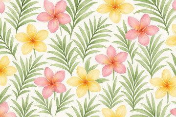 Watercolor Plumeria Flowers and Palm Leaves on White Background