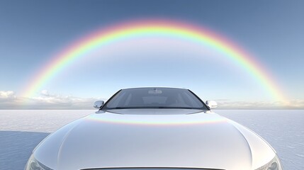 illustration of a car's hood, perfectly clean and shiny. The reflection on the hood shows a pristine, beautiful landscape with a rainbow, conveying the idea that a clean car can transport a 