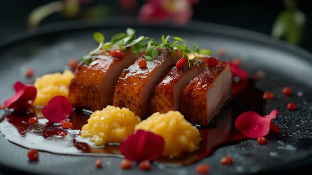 A masterful dish presents crispy Peking duck layered with a rich glaze, garnished beautifully with tropical fruit puree and delicate petals. The artistry captivates the palate.