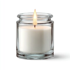 Clear glass jar candle with a lit wick