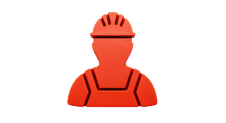 Isolated red silhouette of construction worker wearing safety helmet and overalls icon