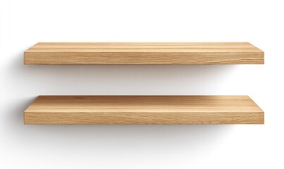Two light beige wooden shelves against a white background