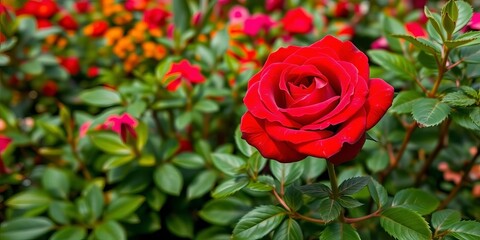 Fototapeta premium A velvety crimson rose blooms amidst lush green foliage in a vibrant garden, garden, design