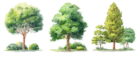 Watercolor illustration of three different trees and shrubs, showing various shapes and sizes.  