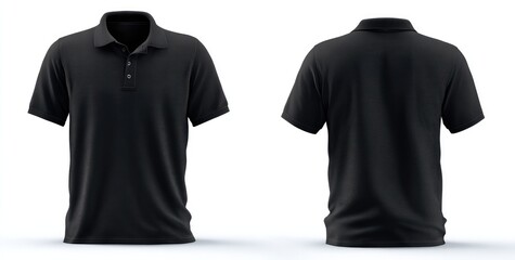 Front and back views of a black polo shirt.  Mockup