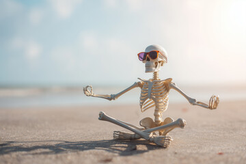 Funny skeleton meditating on the beach
