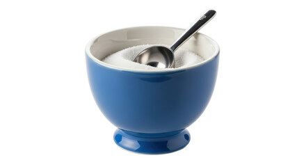 Isolated sugar bowl with spoon, blue ceramic container filled with white sugar crystals