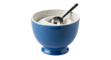 Isolated sugar bowl with spoon, blue ceramic container filled with white sugar crystals