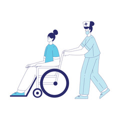 Medicine with Woman Doctor Pull Wheelchair with Patient Vector Illustration