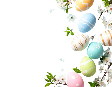  Joyful Easter Celebration Layout with Decorated Eggs, Isolated on White.