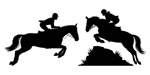 Vector illustration of horse riders jumping in silhouette style
